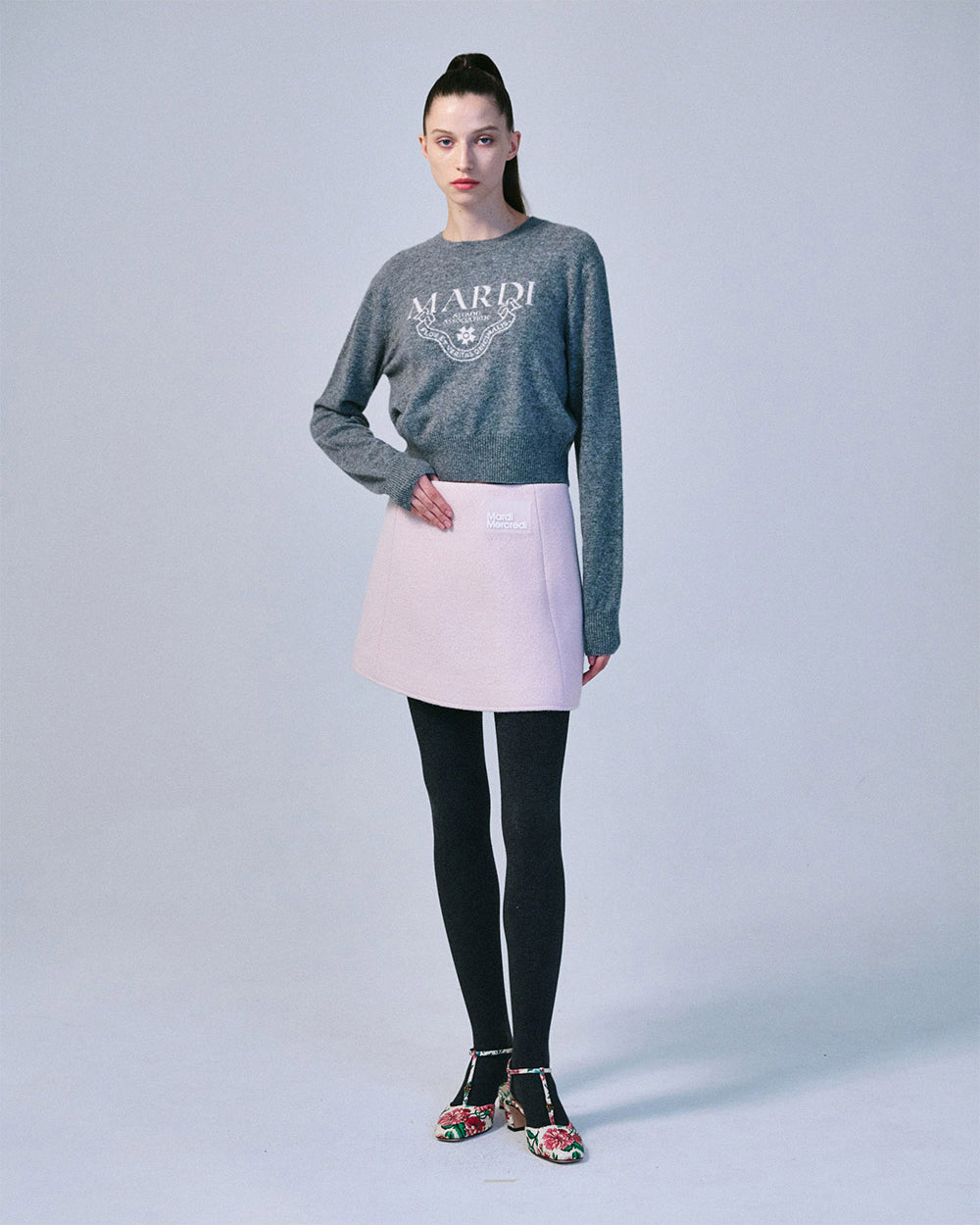 MARDI MERCREDI -  CASHMERE CROPPED CREW NECK ALUMNI CLASSIQUE_GREY WHITE