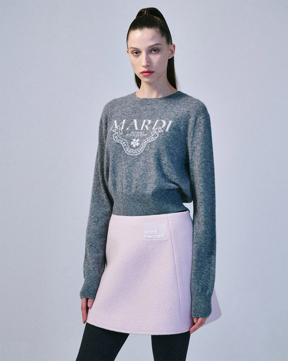 MARDI MERCREDI -  CASHMERE CROPPED CREW NECK ALUMNI CLASSIQUE_GREY WHITE