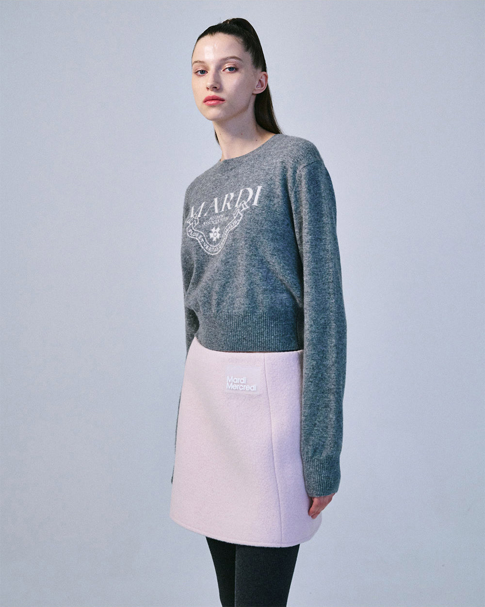 MARDI MERCREDI -  CASHMERE CROPPED CREW NECK ALUMNI CLASSIQUE_GREY WHITE