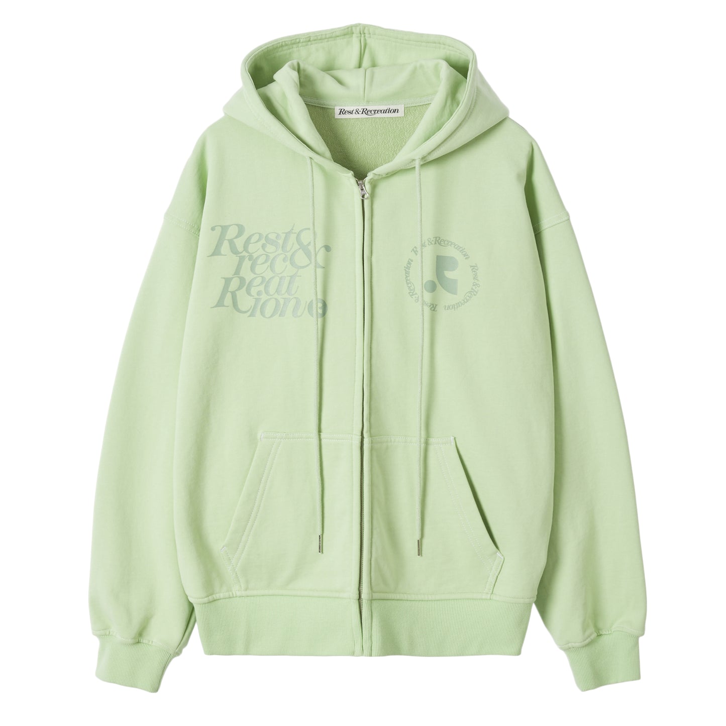 REST & RECREATION -  RR LOGO STITCH ZIP-UP HOODIE - YELLOWISH GREEN