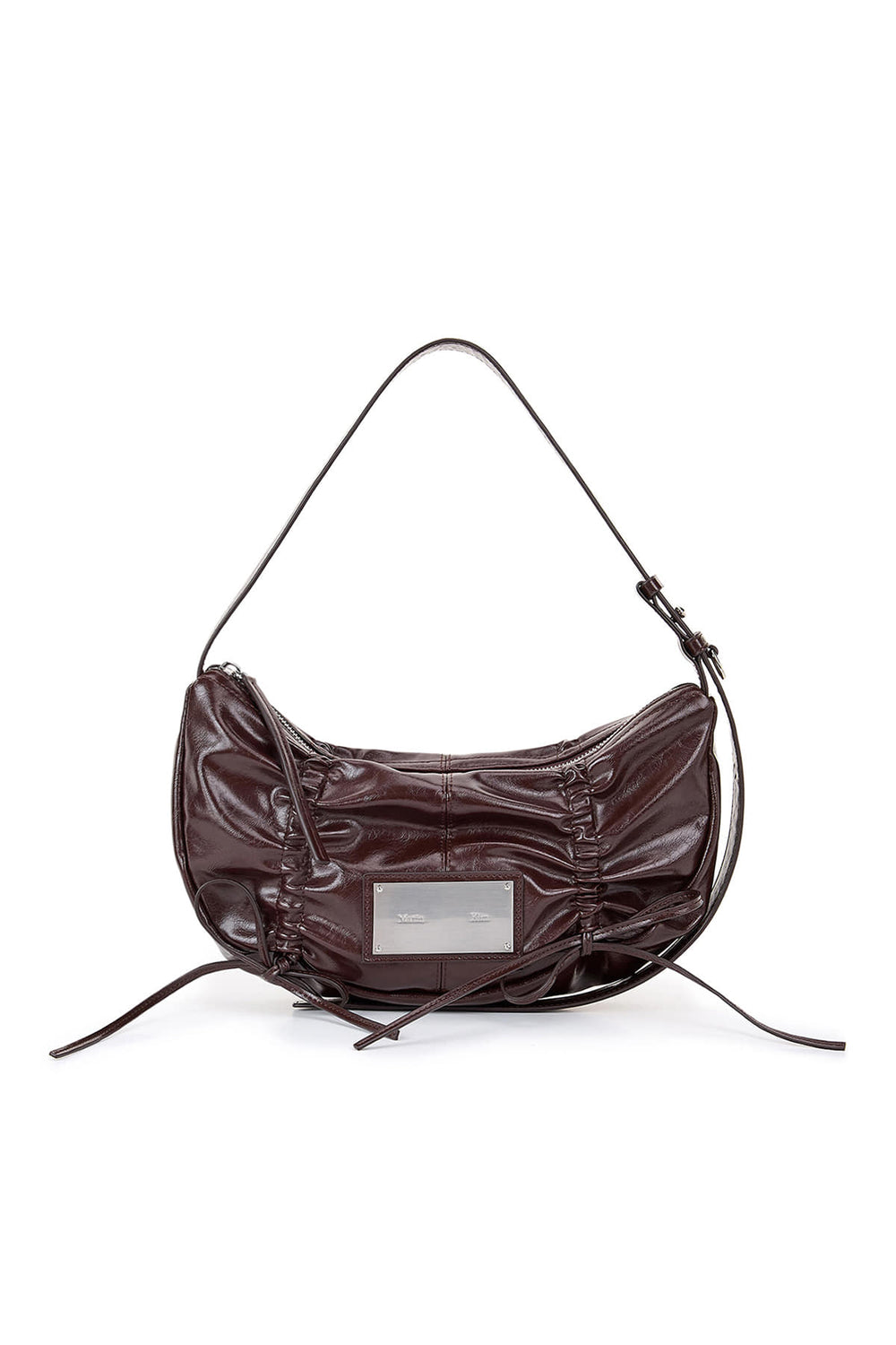 MATIN KIM - HALF SHIRRING RIBBON ROUND BAG IN DARK BROWN