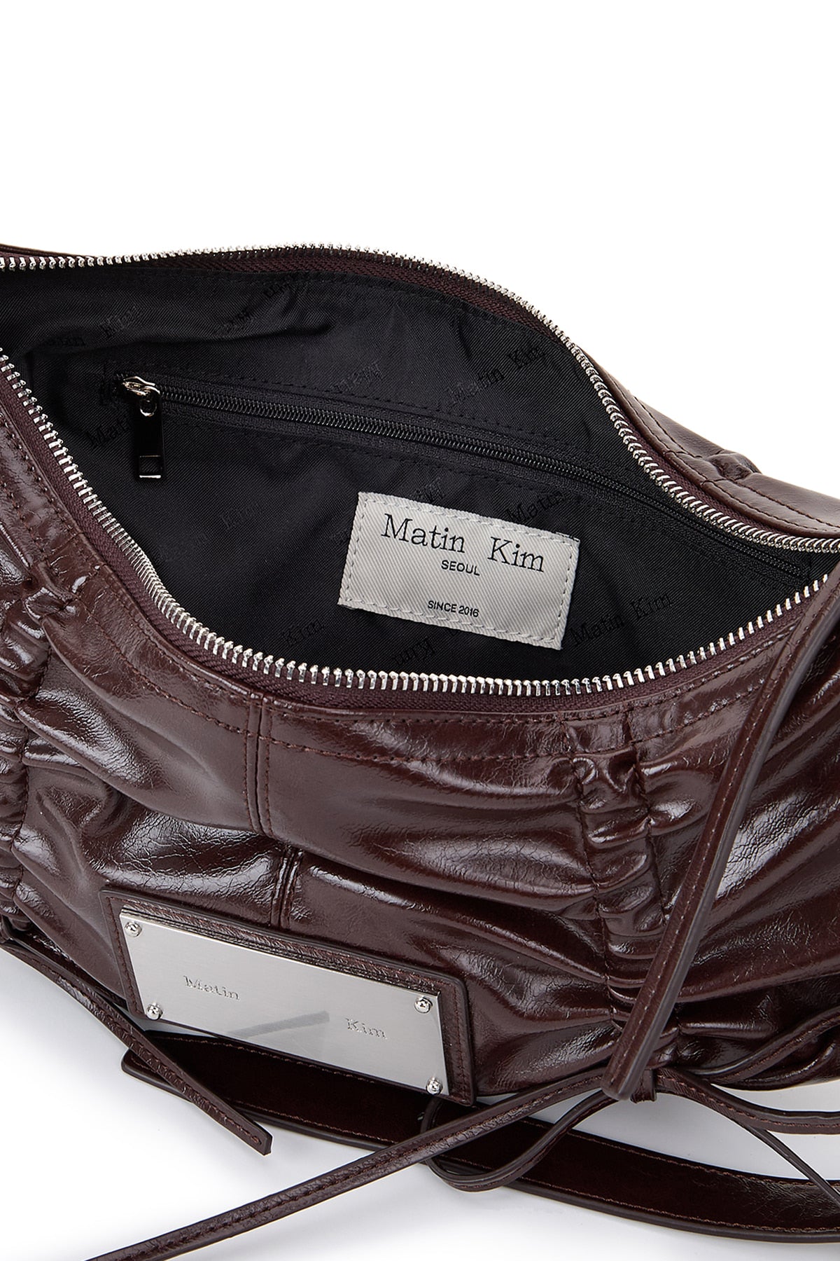 MATIN KIM - HALF SHIRRING RIBBON ROUND BAG IN DARK BROWN