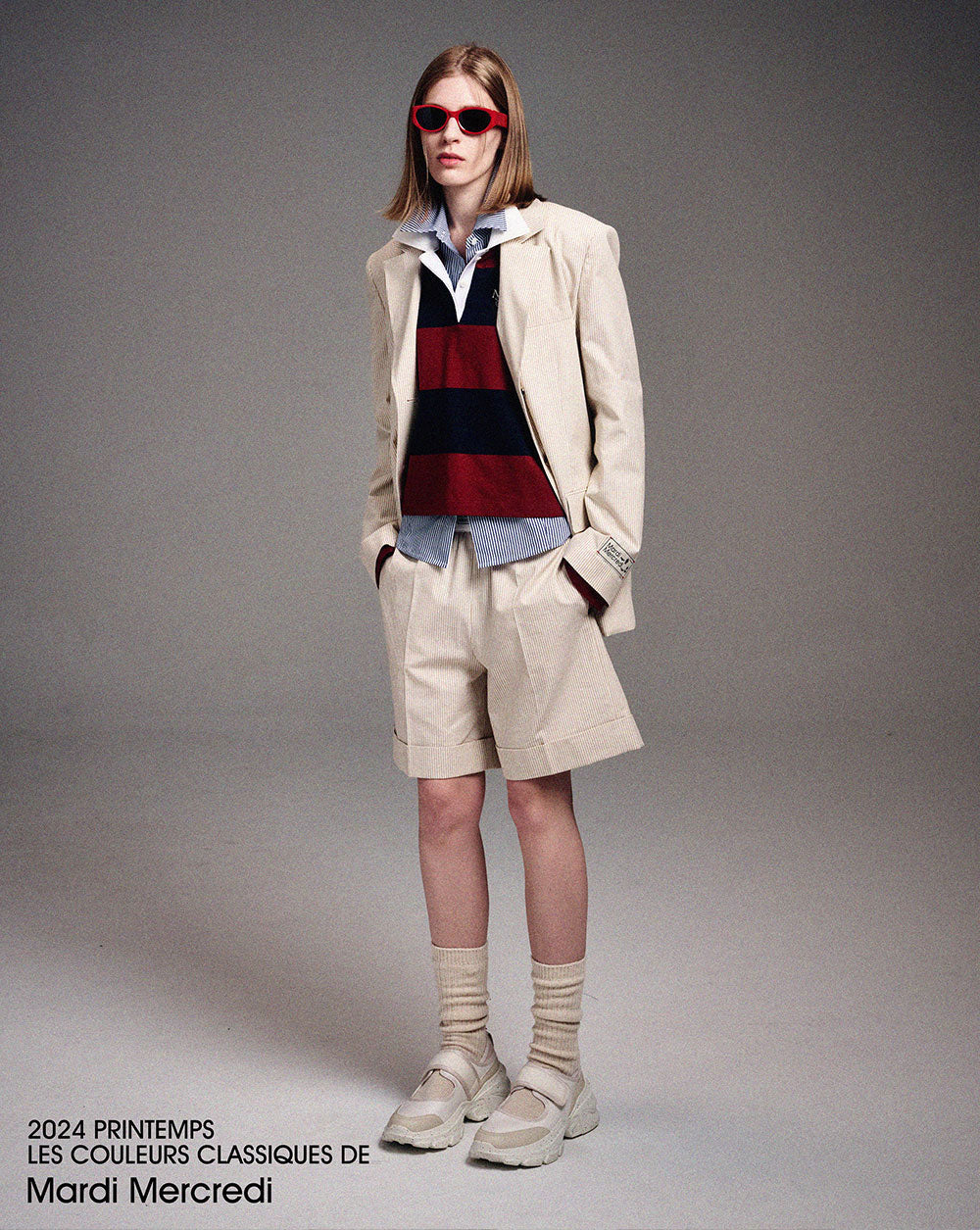 MARDI MERCREDI -  OXFORD BERMUDA SHORTS STRIPE_BEIGE