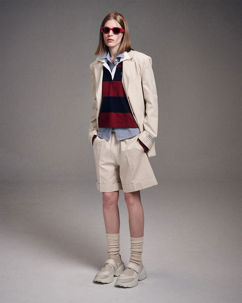 MARDI MERCREDI -  OXFORD BERMUDA SHORTS STRIPE_BEIGE