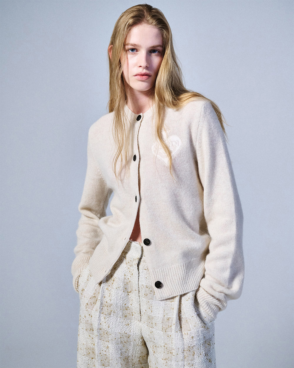 MARDI MERCREDI -  RACCOON BLENDED CARDIGAN ROUND NECK SPADE_IVORY