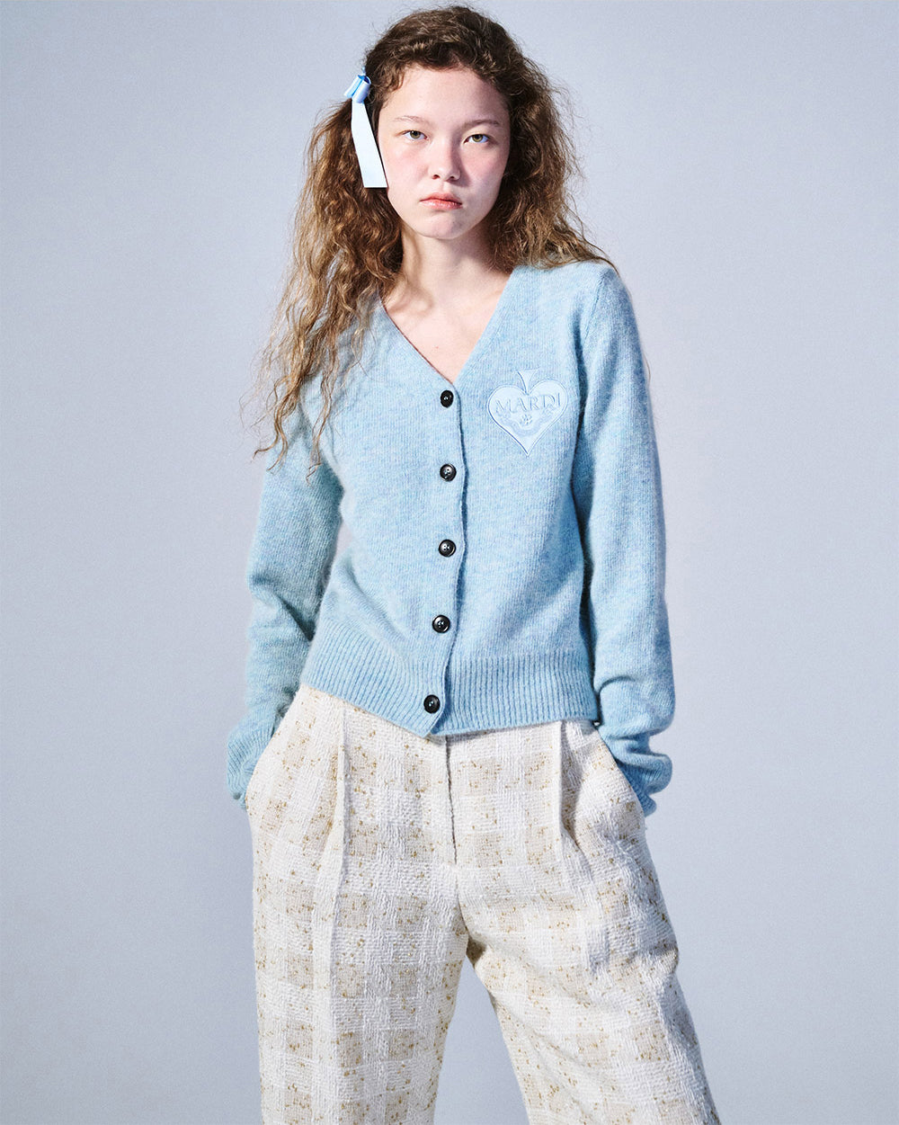 MARDI MERCREDI -  RACCOON BLENDED CARDIGAN V NECK SPADE_MINT