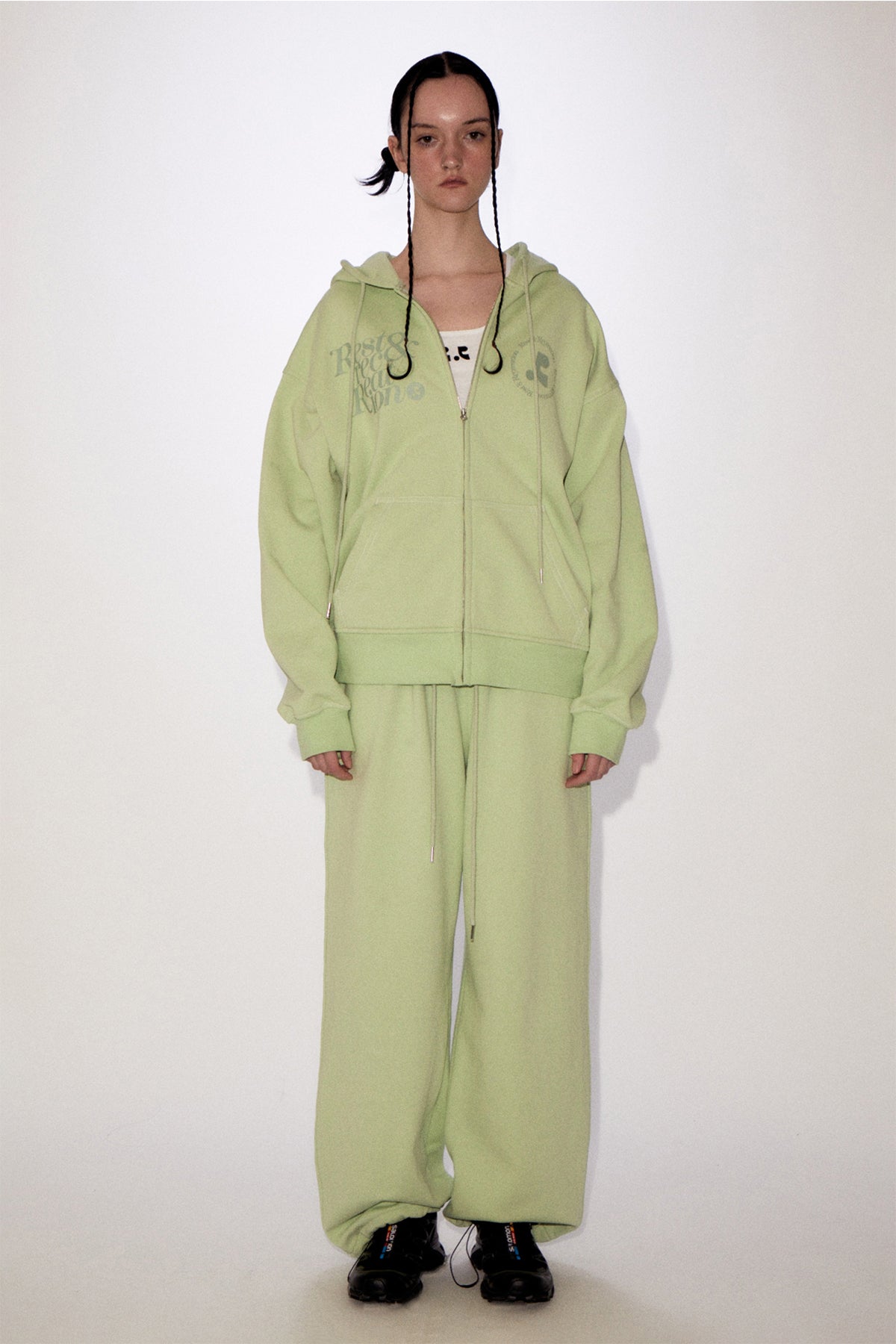 REST & RECREATION -  RR LOGO STITCH ZIP-UP HOODIE - YELLOWISH GREEN