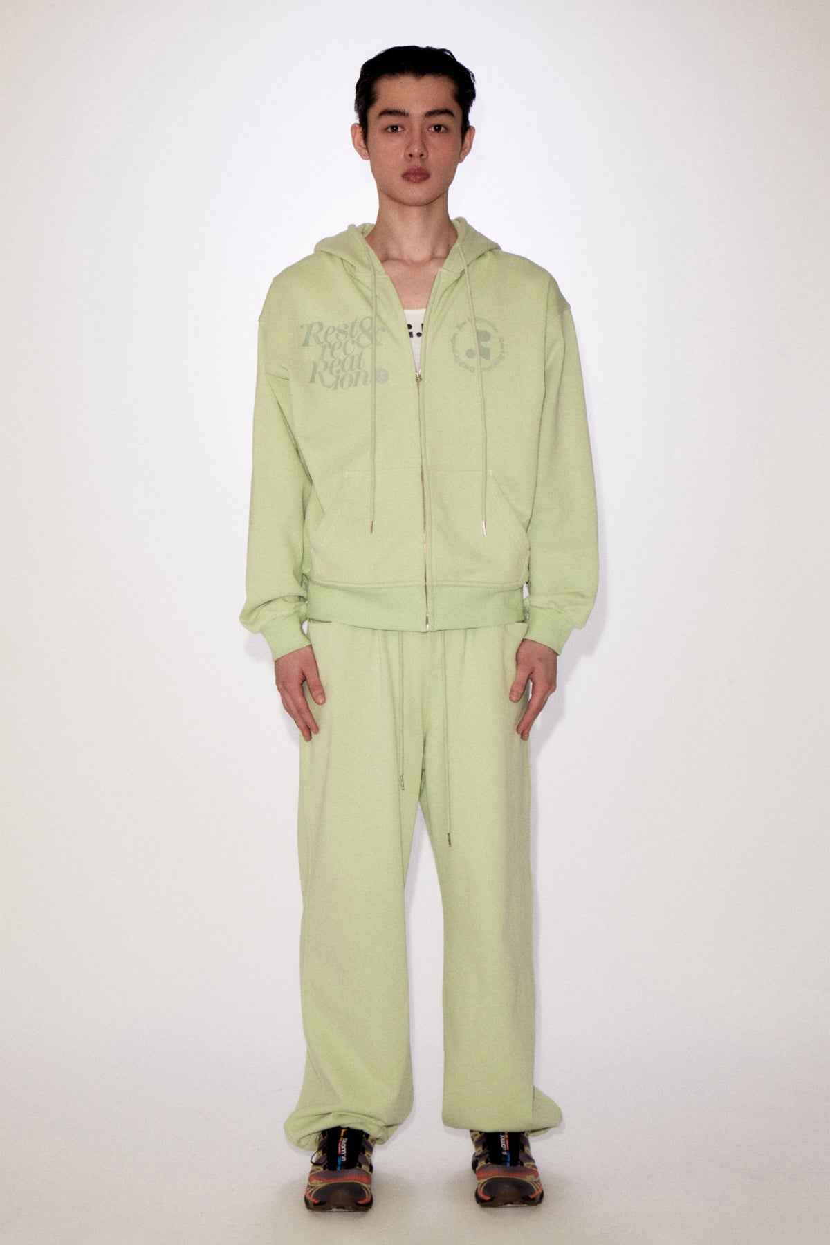 REST & RECREATION -  RR LOGO STITCH ZIP-UP HOODIE - YELLOWISH GREEN