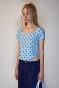 REST & RECREATION -  RR LOGO PATTERN SQUARE NECK T-SHIRT - SKYBLUE