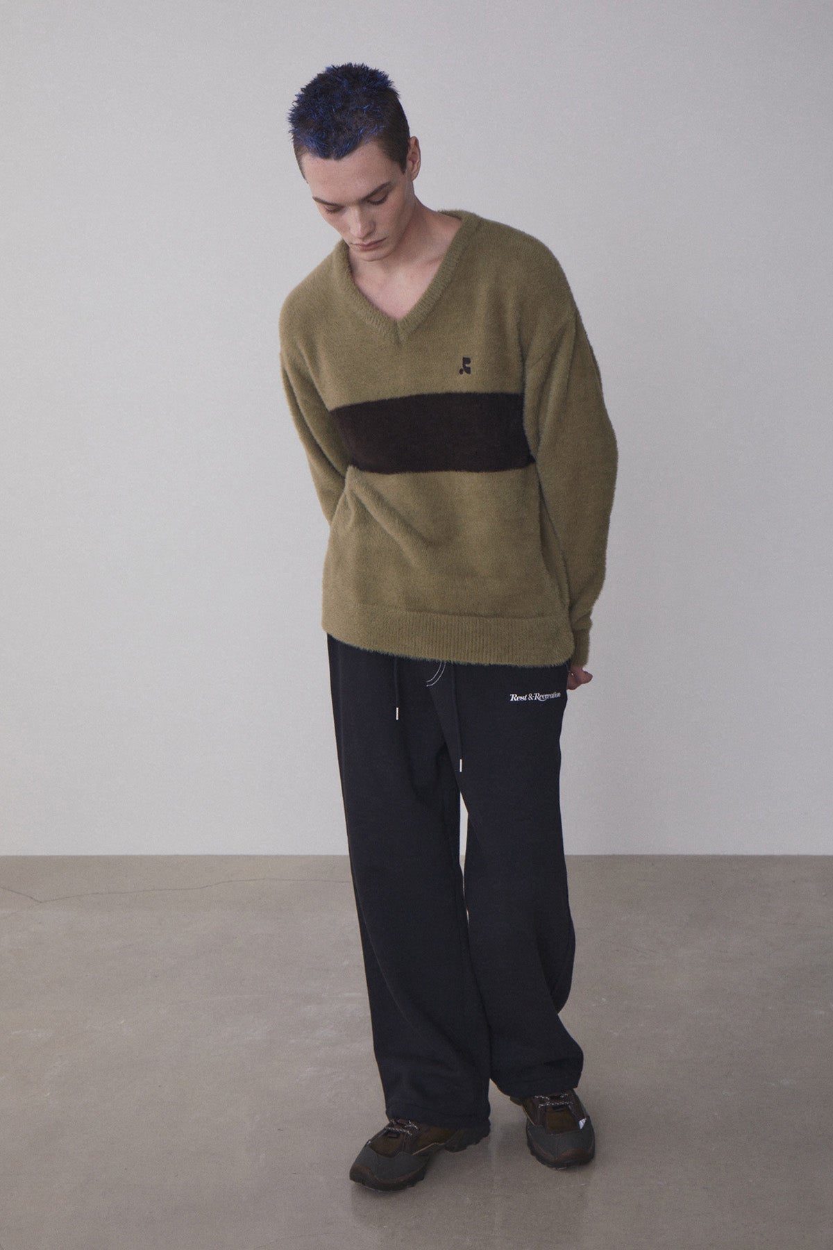 REST & RECREATION -  RR V-NECK HAIRY KNIT TOP - KHAKI