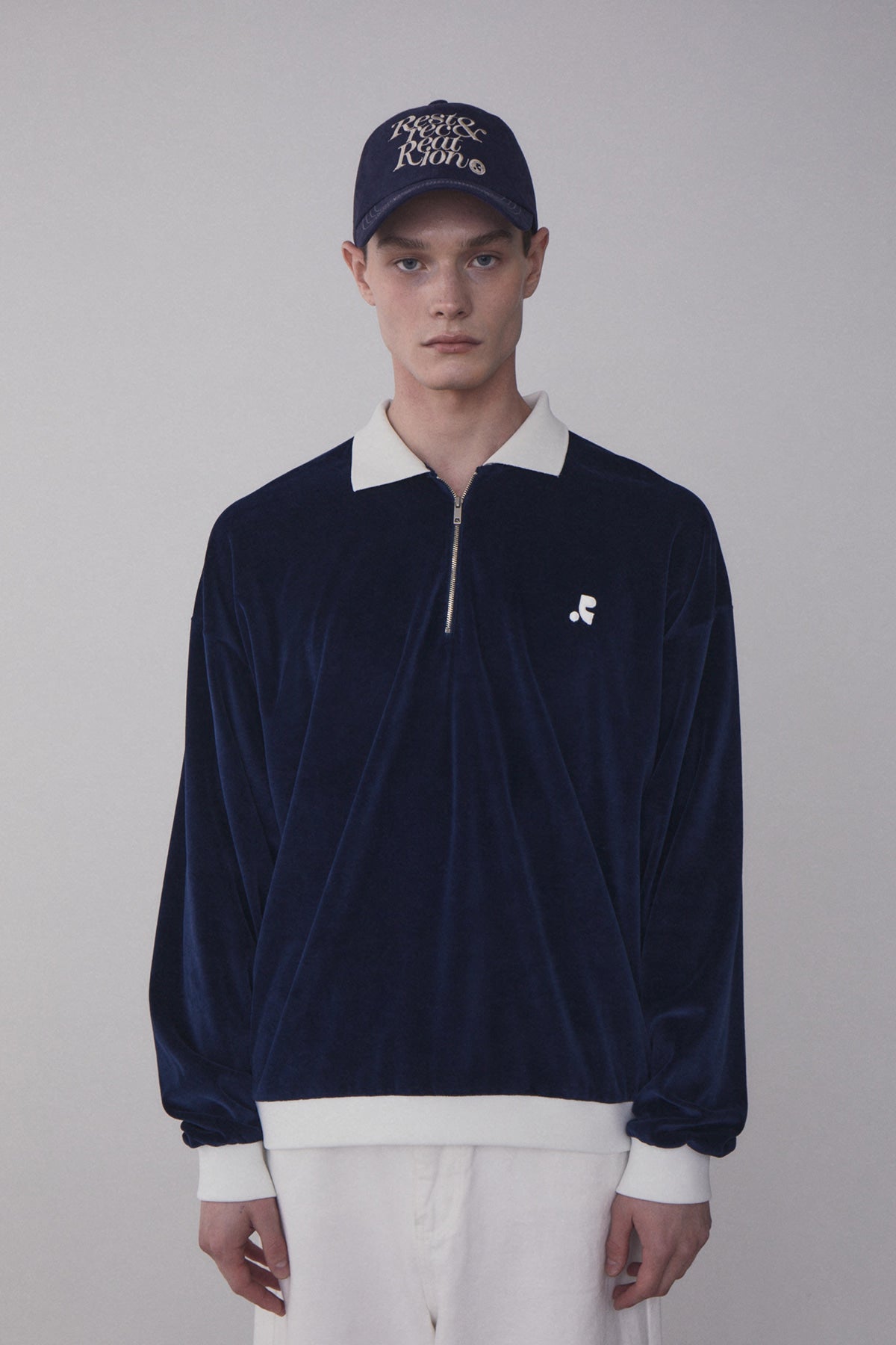 REST & RECREATION -  RR VELVET HALF ZIP-UP - NAVY