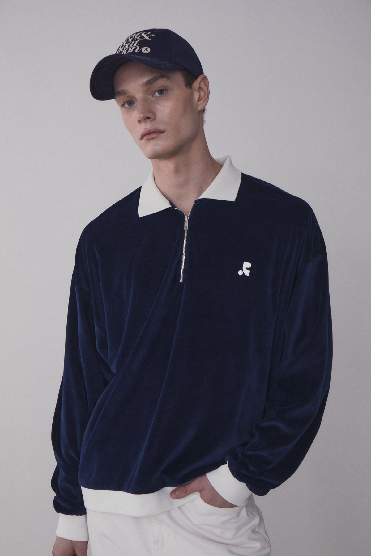 REST & RECREATION -  RR VELVET HALF ZIP-UP - NAVY