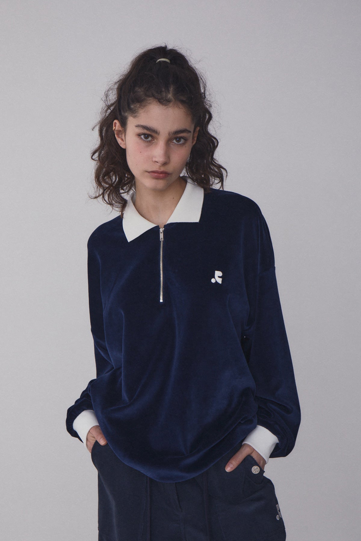 REST & RECREATION -  RR VELVET HALF ZIP-UP - NAVY