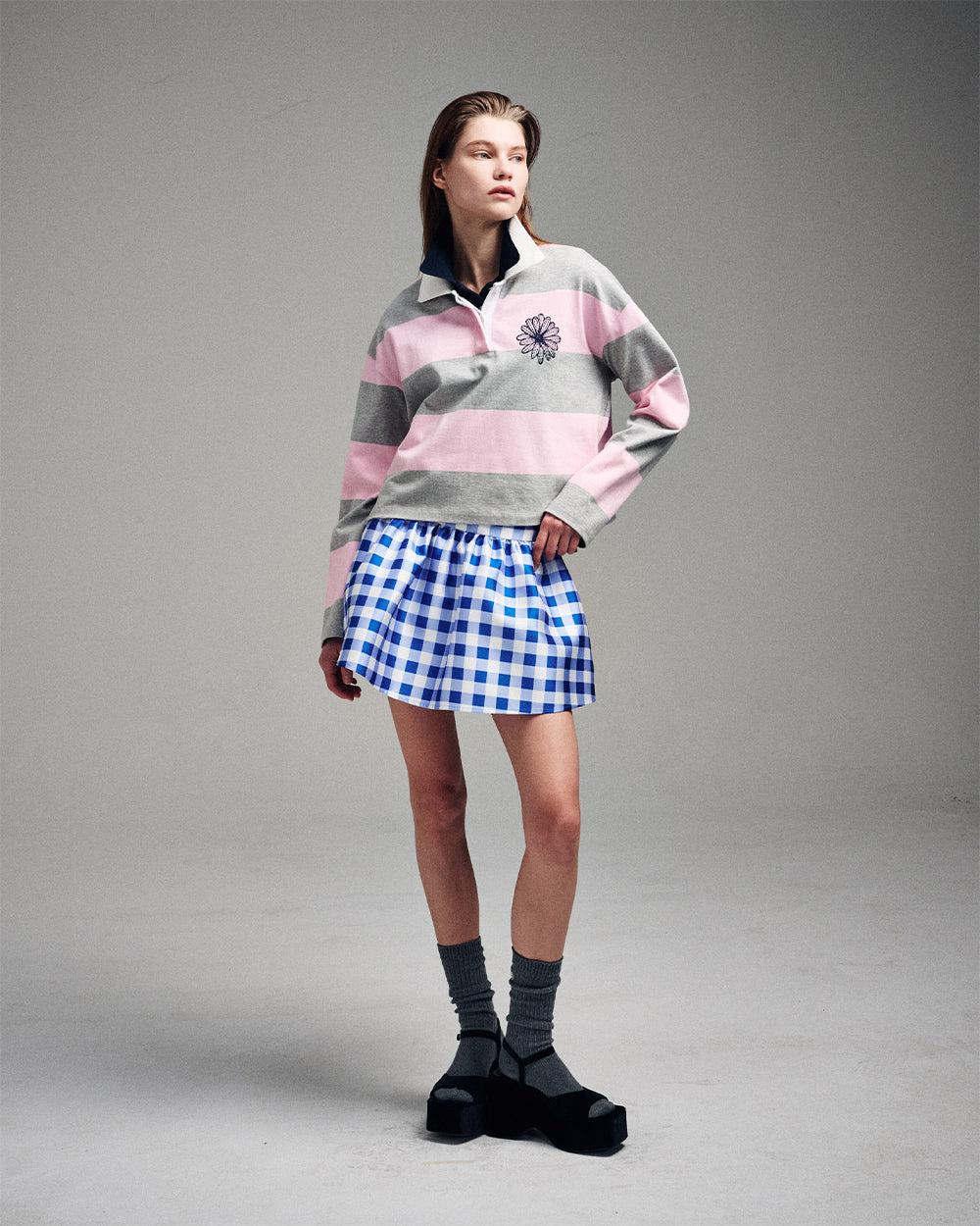 MARDI MERCREDI -  RUGBY SHIRT STRIPE FLOWER_GREY PINK