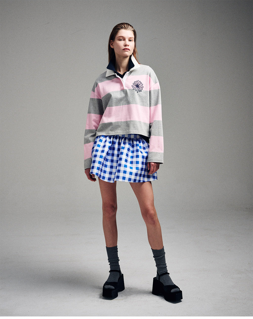 MARDI MERCREDI -  RUGBY SHIRT STRIPE FLOWER_GREY PINK