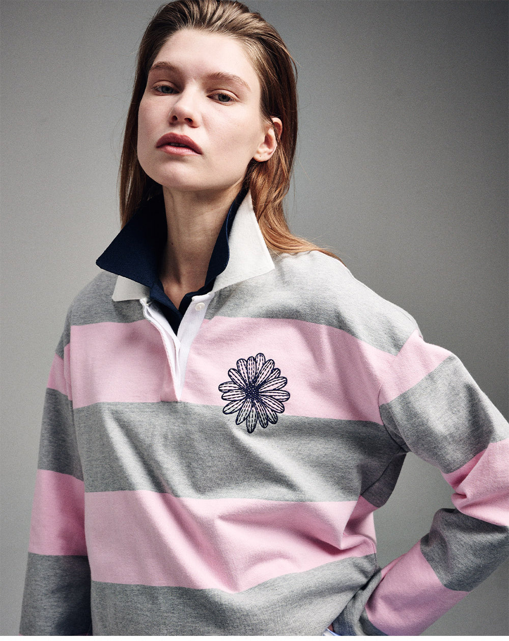 MARDI MERCREDI -  RUGBY SHIRT STRIPE FLOWER_GREY PINK