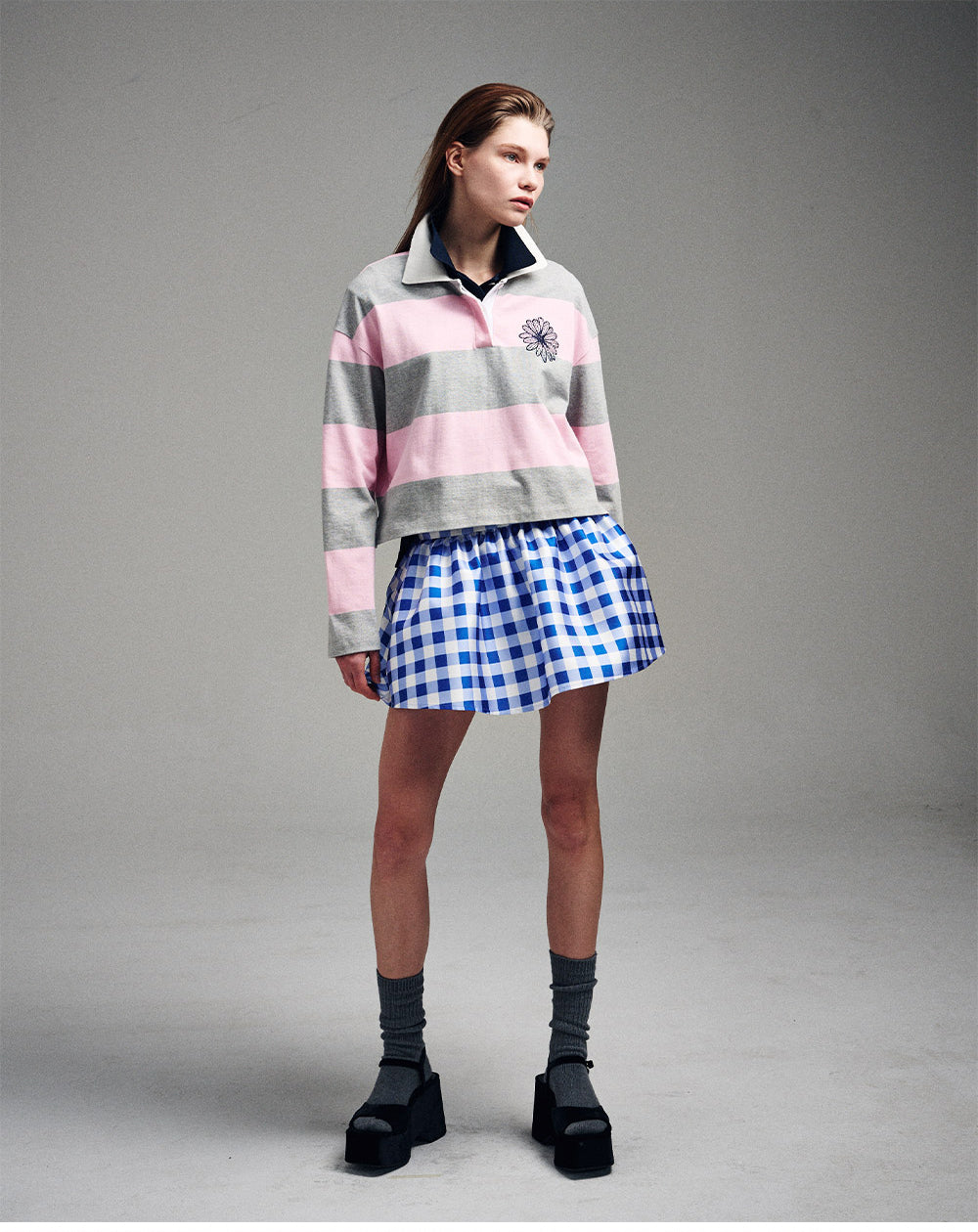 MARDI MERCREDI -  RUGBY SHIRT STRIPE FLOWER_GREY PINK