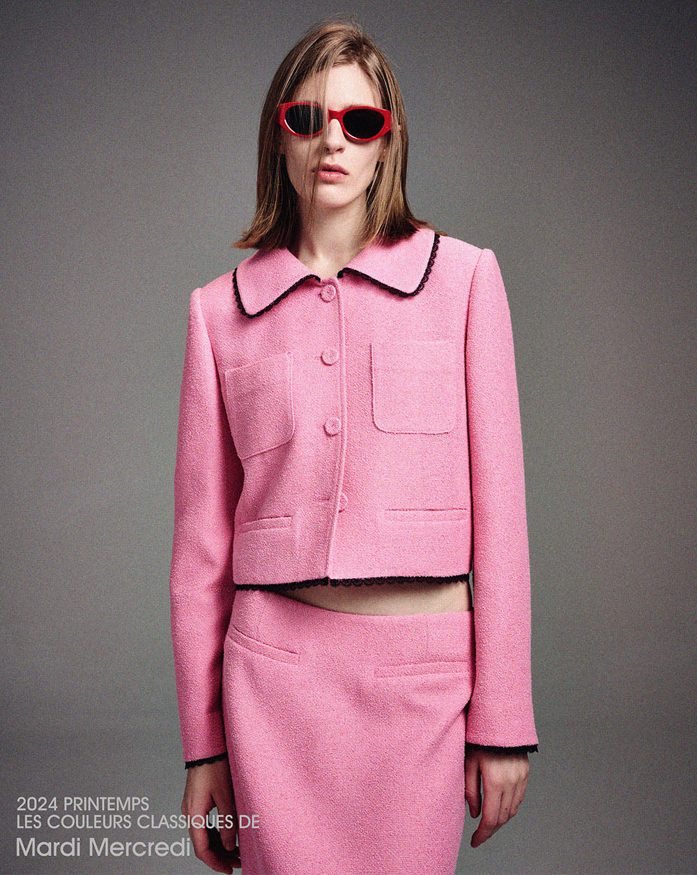 MARDI MERCREDI -  SPRING TWEED CROPPED JACKET LACE_PINK