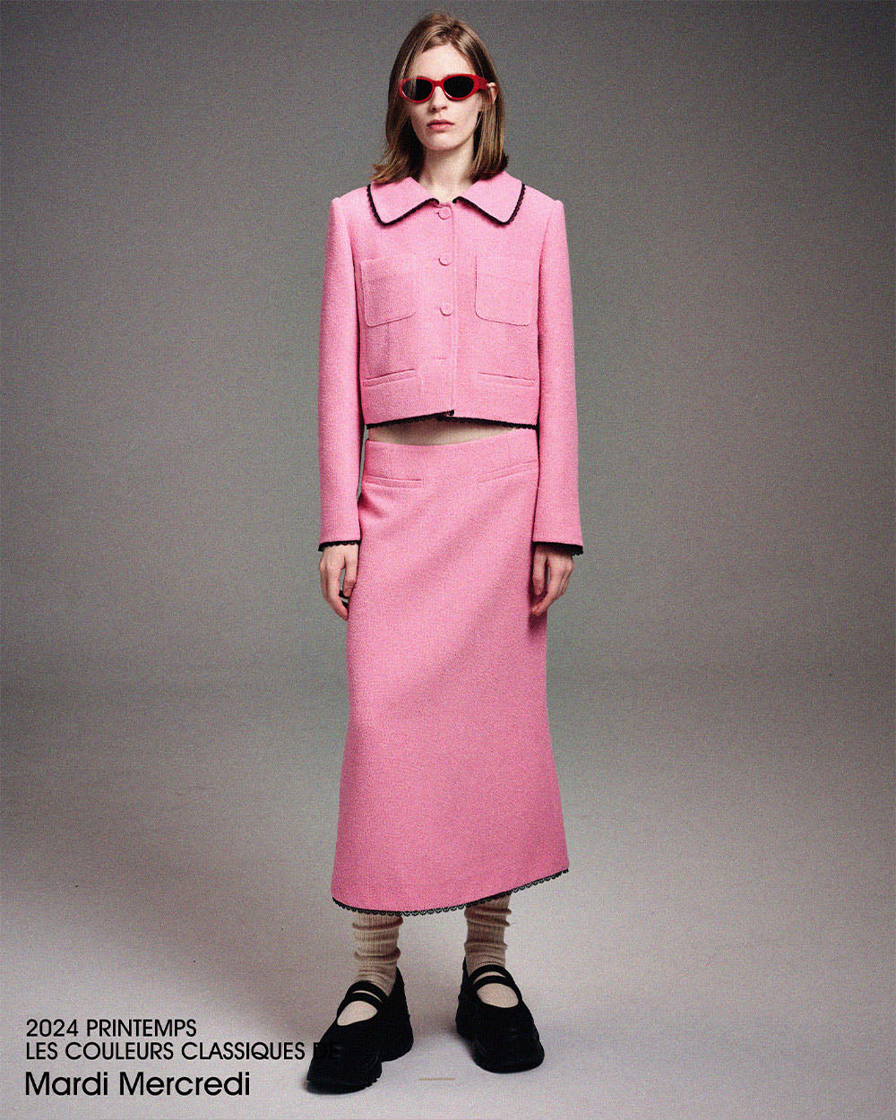 MARDI MERCREDI -  SPRING TWEED CROPPED JACKET LACE_PINK