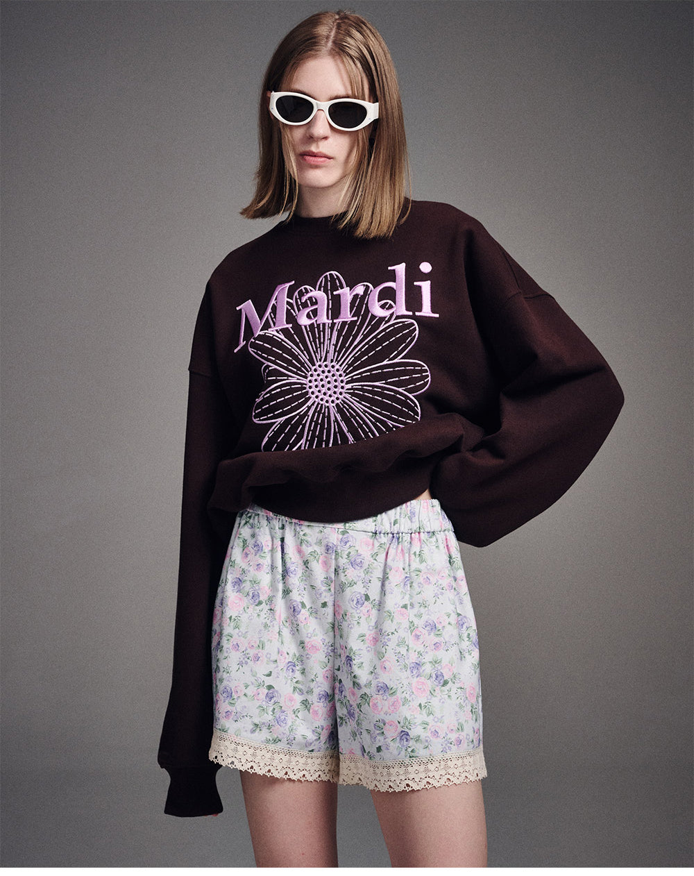 MARDI MERCREDI -  SWEATSHIRT FLOWERMARDI NEEDLEWORK_BROWN LAVENDER