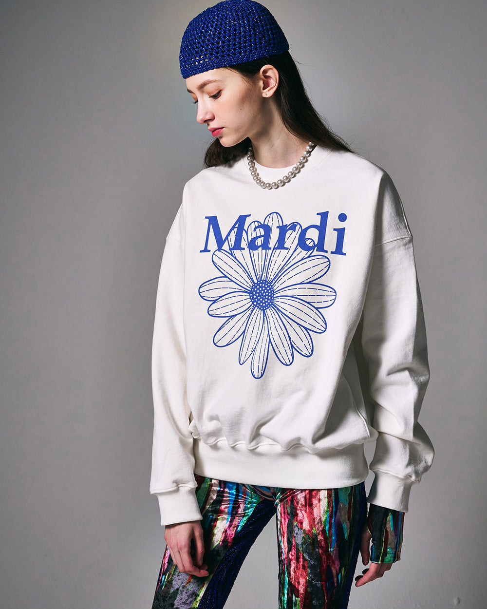 MARDI MERCREDI -  SWEATSHIRT FLOWERMARDI_WHITE VIVIDBLUE