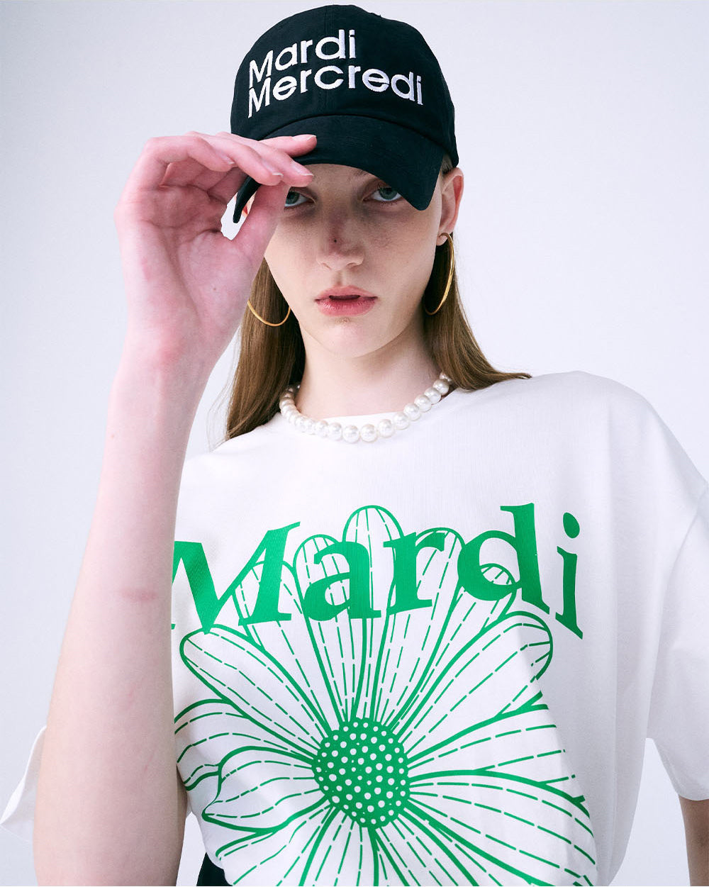 Mardi Mercredi マルディメクルディ TシャツWHITE GREEN MARDI MERCREDI]Flower T-shirt - White Green