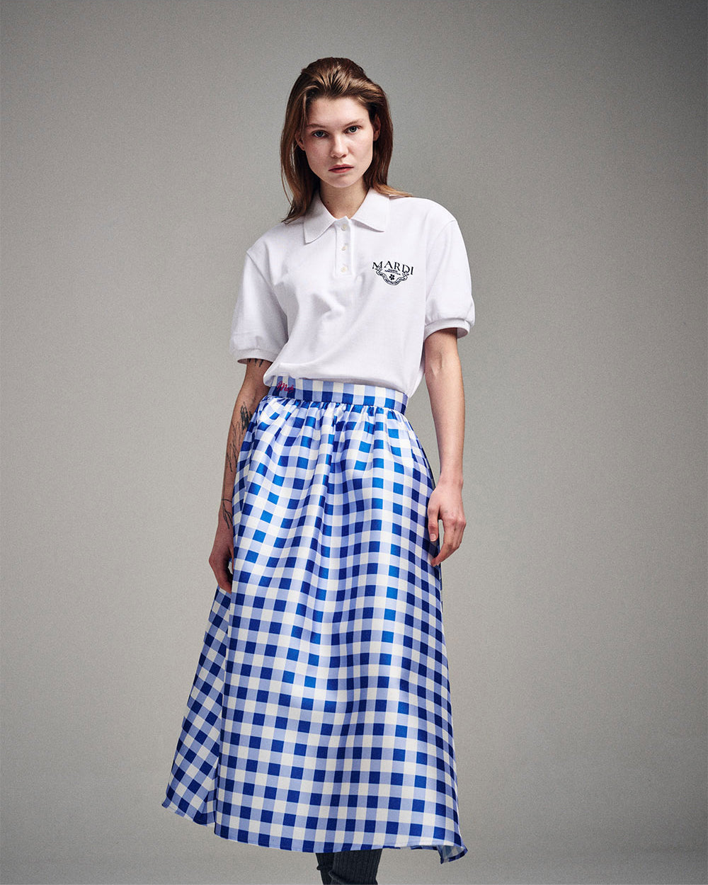 MARDI MERCREDI -  VOLUME MAXI SKIRT MICADO GINGHAM PLAID_BLUE