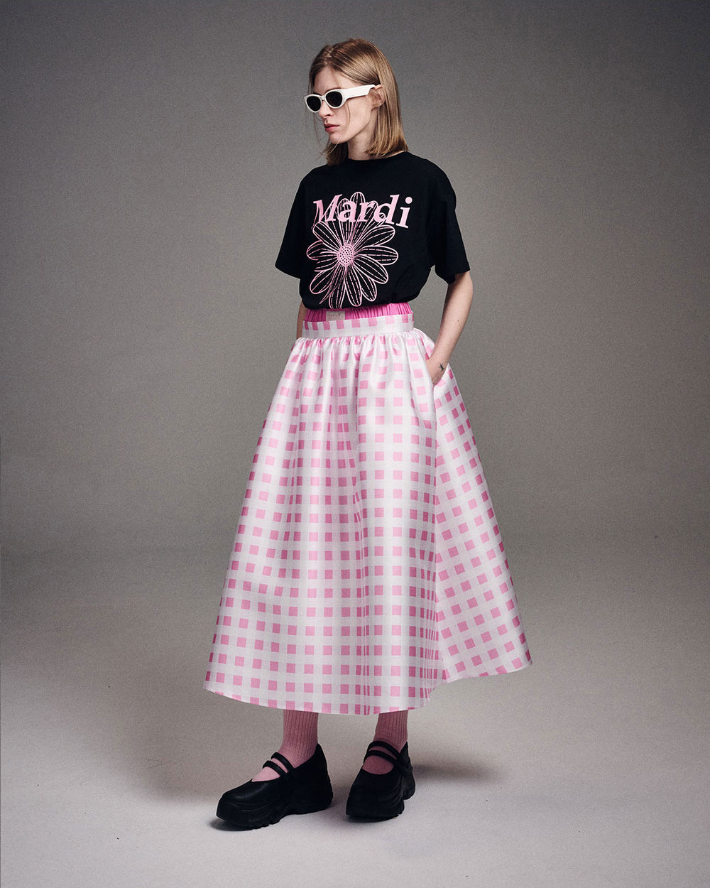 MARDI MERCREDI -  VOLUME MAXI SKIRT MICADO GINGHAM PLAID_PINK