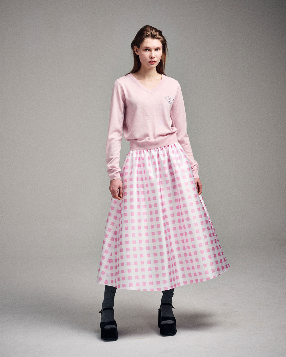 MARDI MERCREDI -  VOLUME MAXI SKIRT MICADO GINGHAM PLAID_PINK