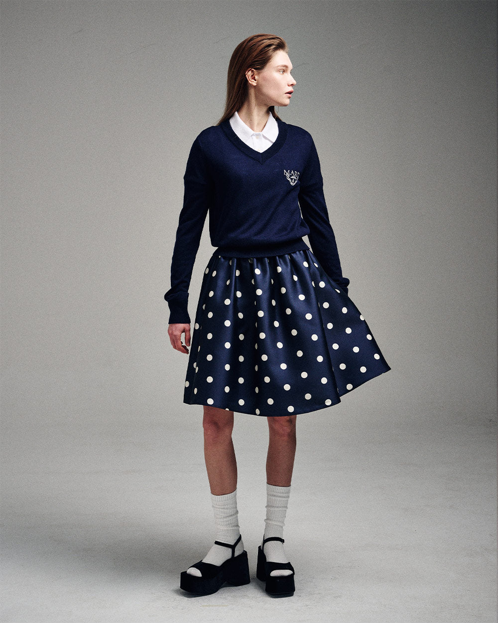 MARDI MERCREDI -  VOLUME MIDI SKIRT CRAPE DOT_NAVY