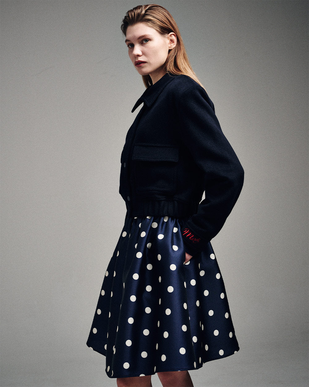 MARDI MERCREDI -  VOLUME MIDI SKIRT CRAPE DOT_NAVY