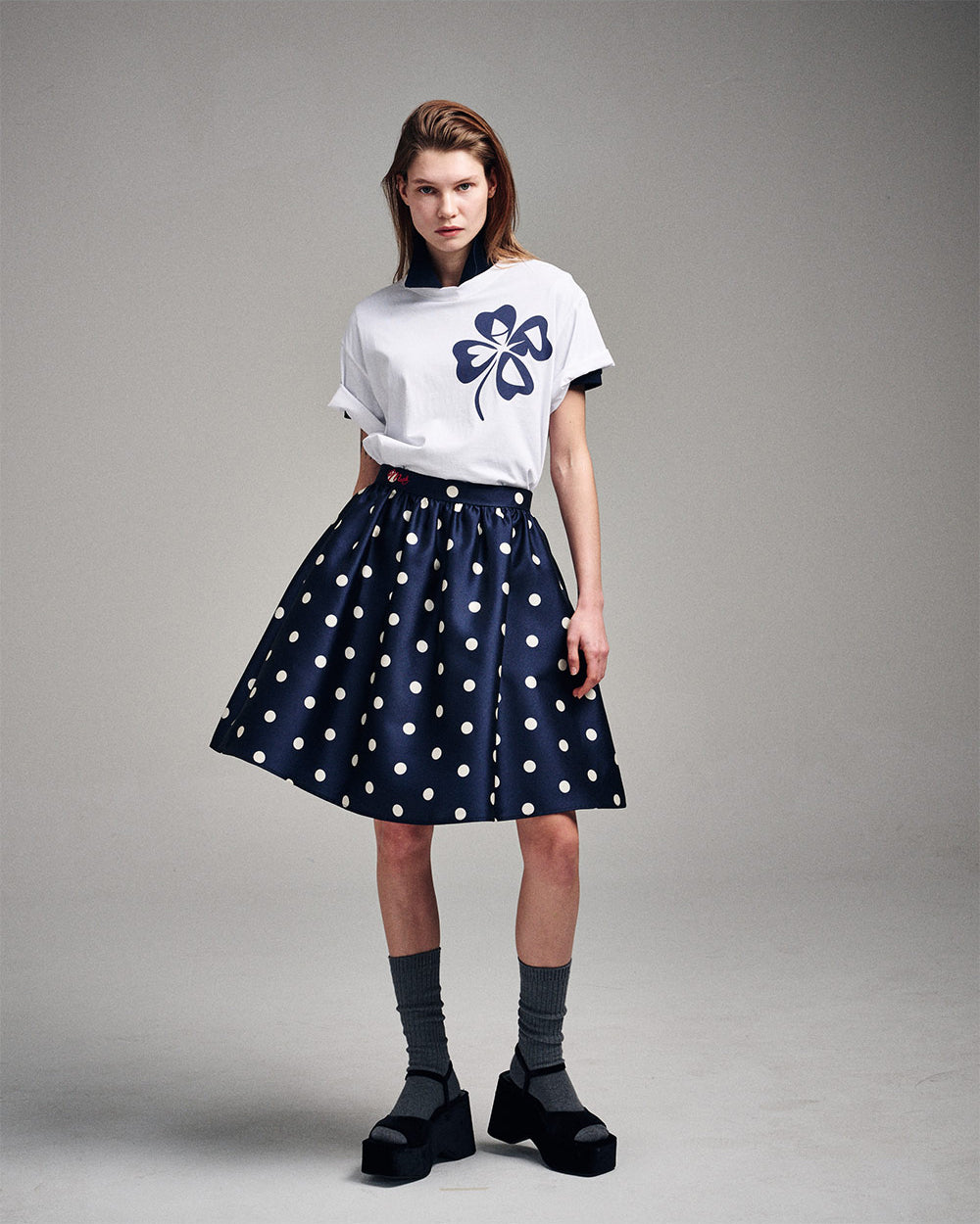 MARDI MERCREDI -  VOLUME MIDI SKIRT CRAPE DOT_NAVY