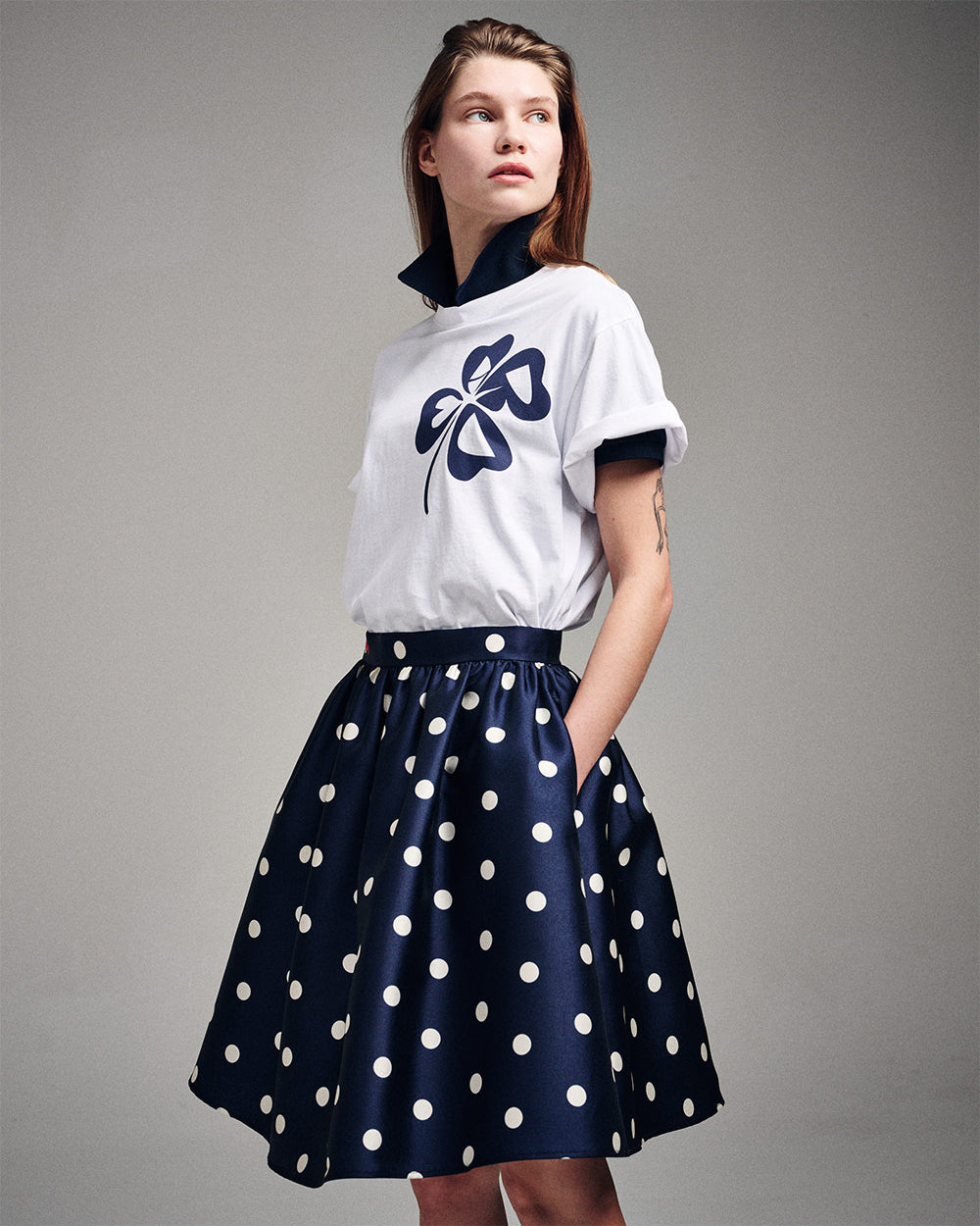 MARDI MERCREDI -  VOLUME MIDI SKIRT CRAPE DOT_NAVY