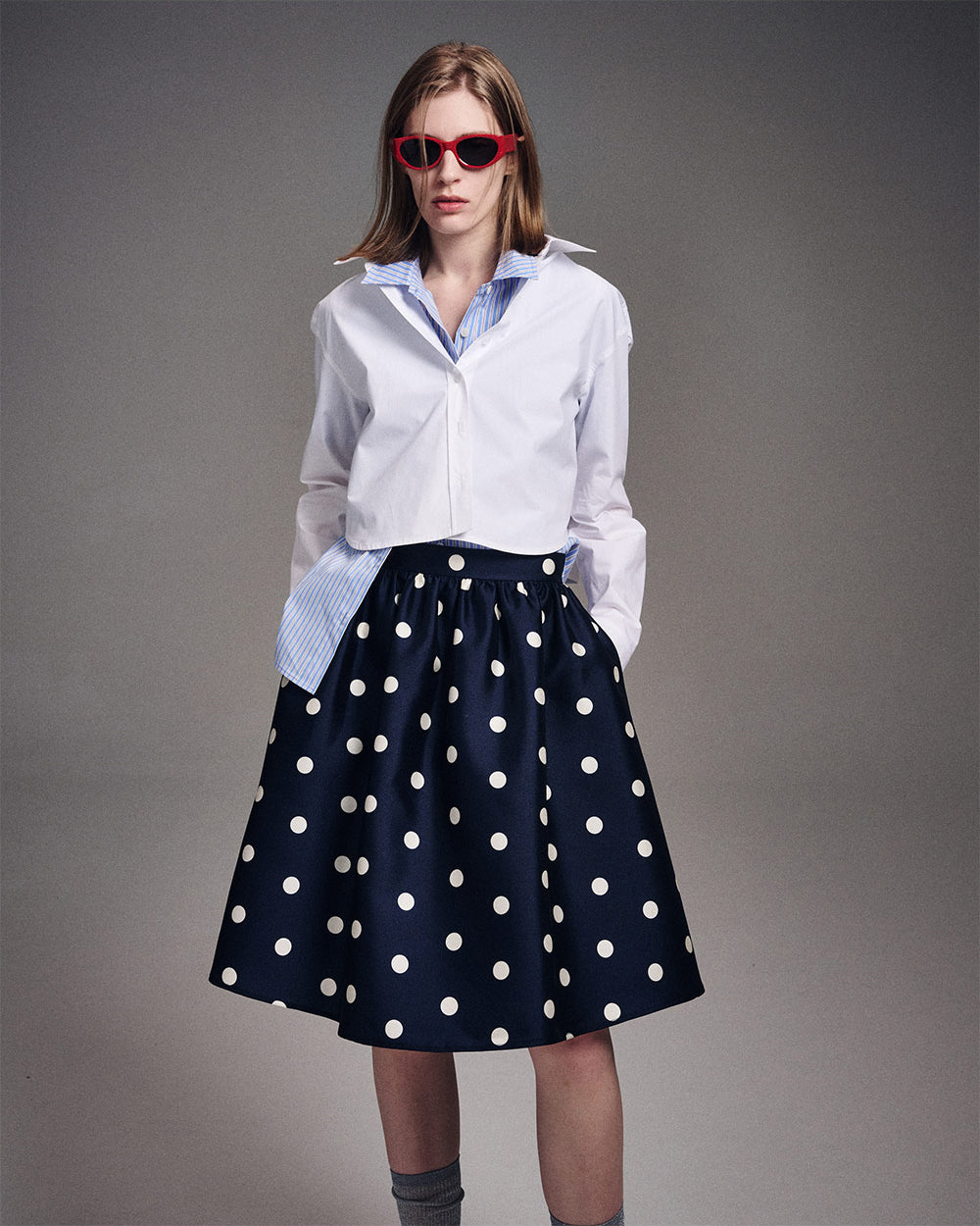 MARDI MERCREDI -  VOLUME MIDI SKIRT CRAPE DOT_NAVY