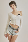 THREETIMES -  One-shoulder button tee ivory