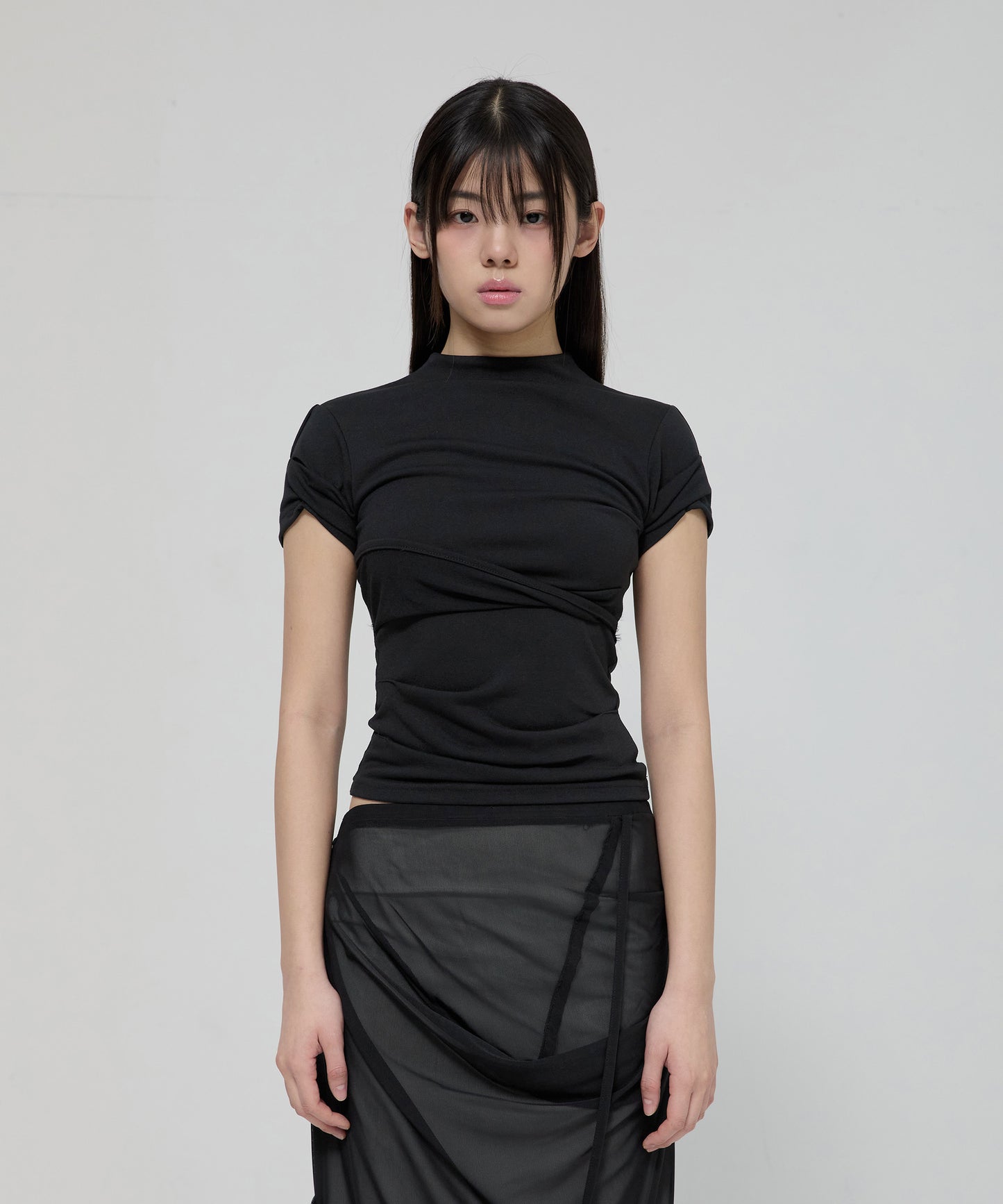 FLAREUP - Asymmetrical Draped Mock Neck T-Shirt / Black