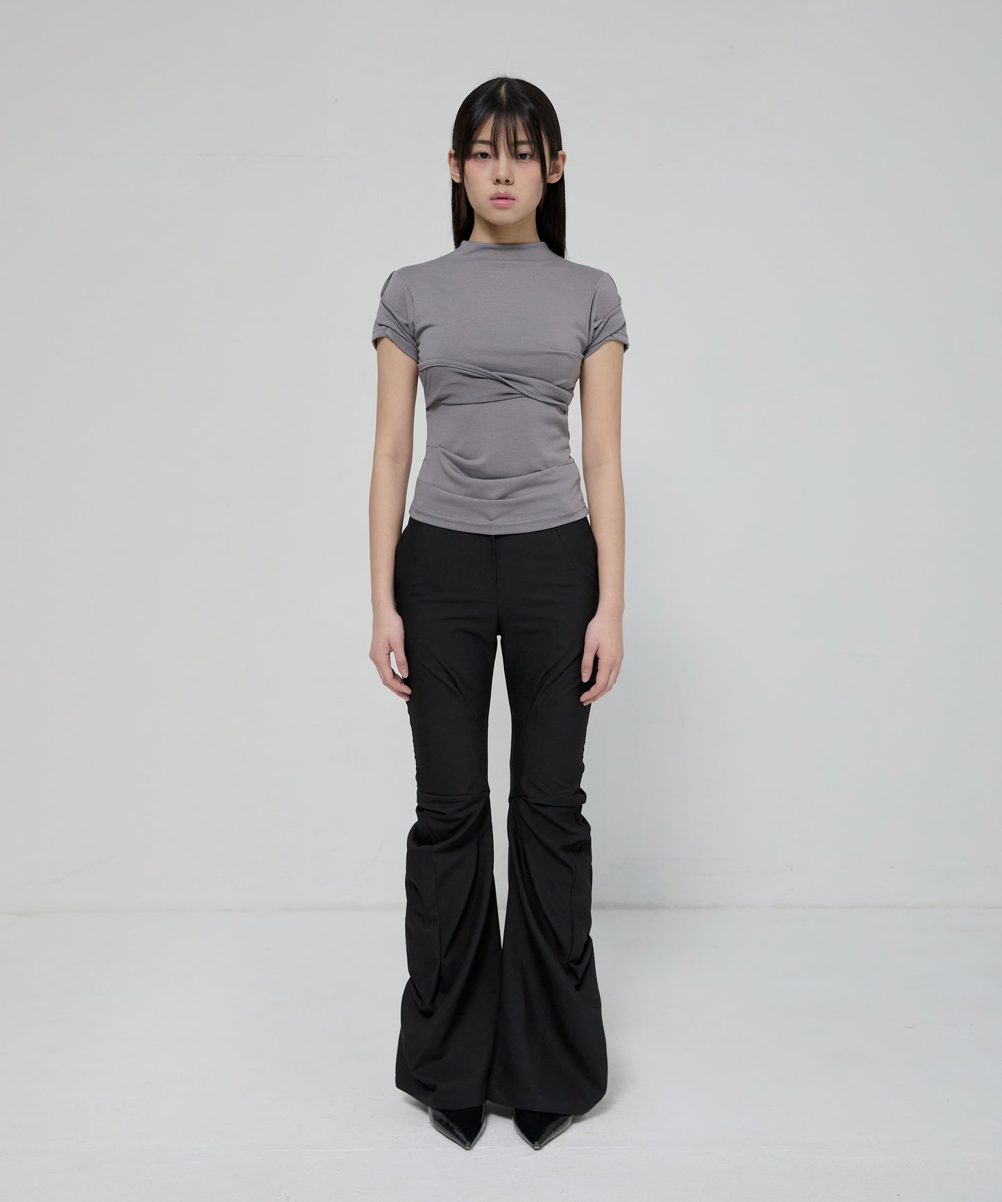 FLAREUP - Asymmetrical Draped Mock Neck T-Shirt / Gray