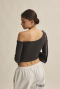 THREETIMES -  One-shoulder button tee Charcoal melange