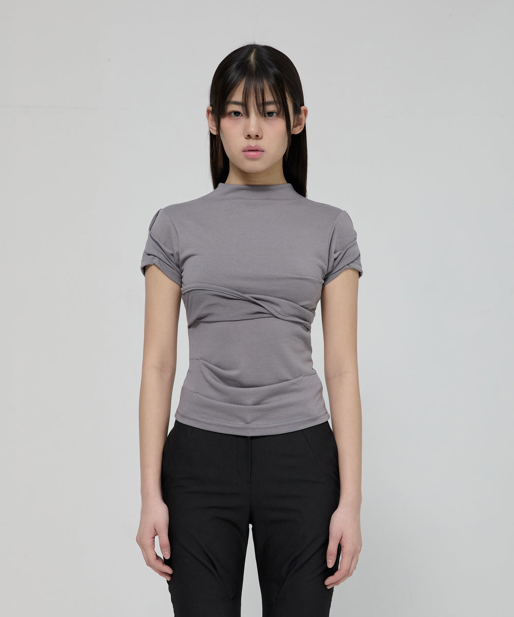 FLAREUP - Asymmetrical Draped Mock Neck T-Shirt / Gray