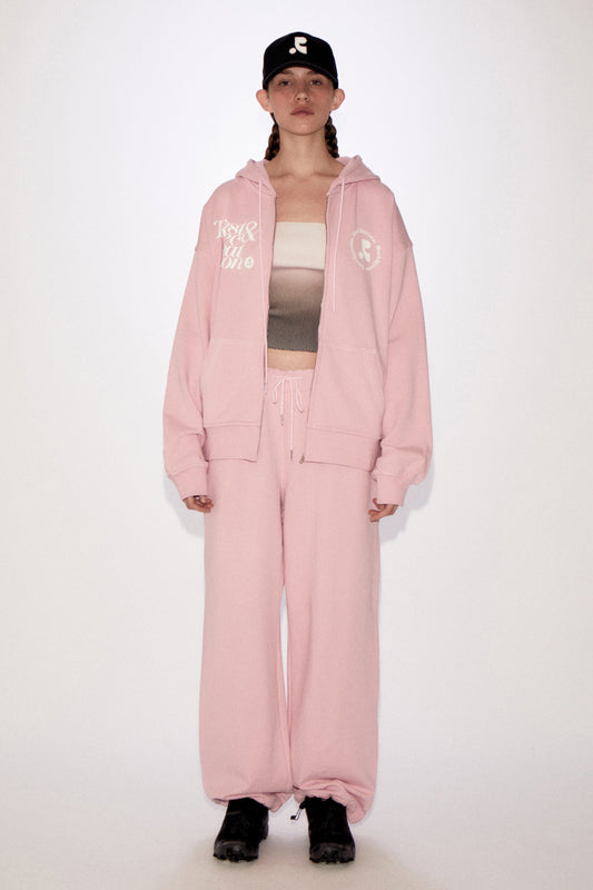 REST & RECREATION -  RR LOGO STITCH ZIP-UP HOODIE - PINK