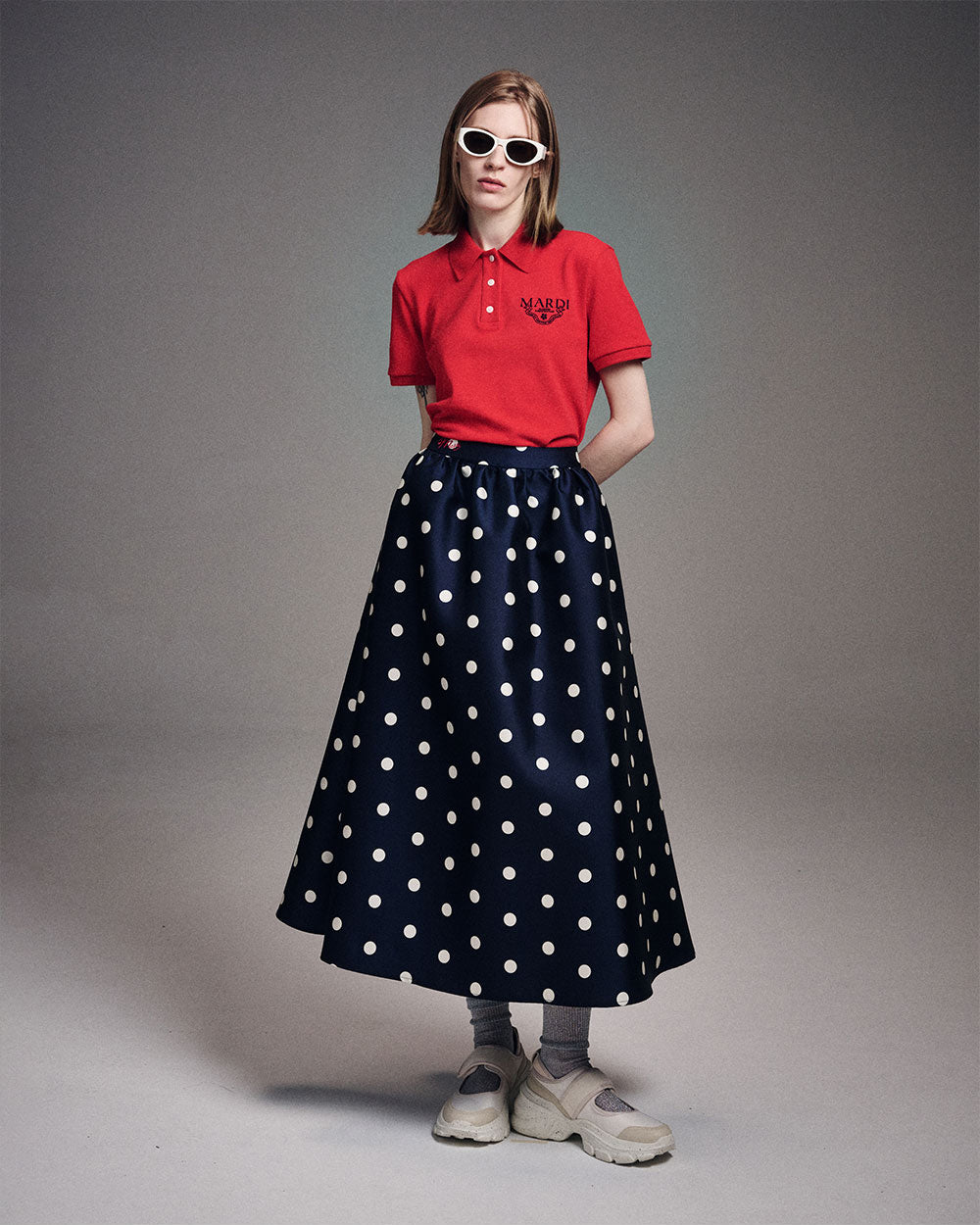 MARDI MERCREDI -  VOLUME MAXI SKIRT CRAPE DOT_NAVY RED