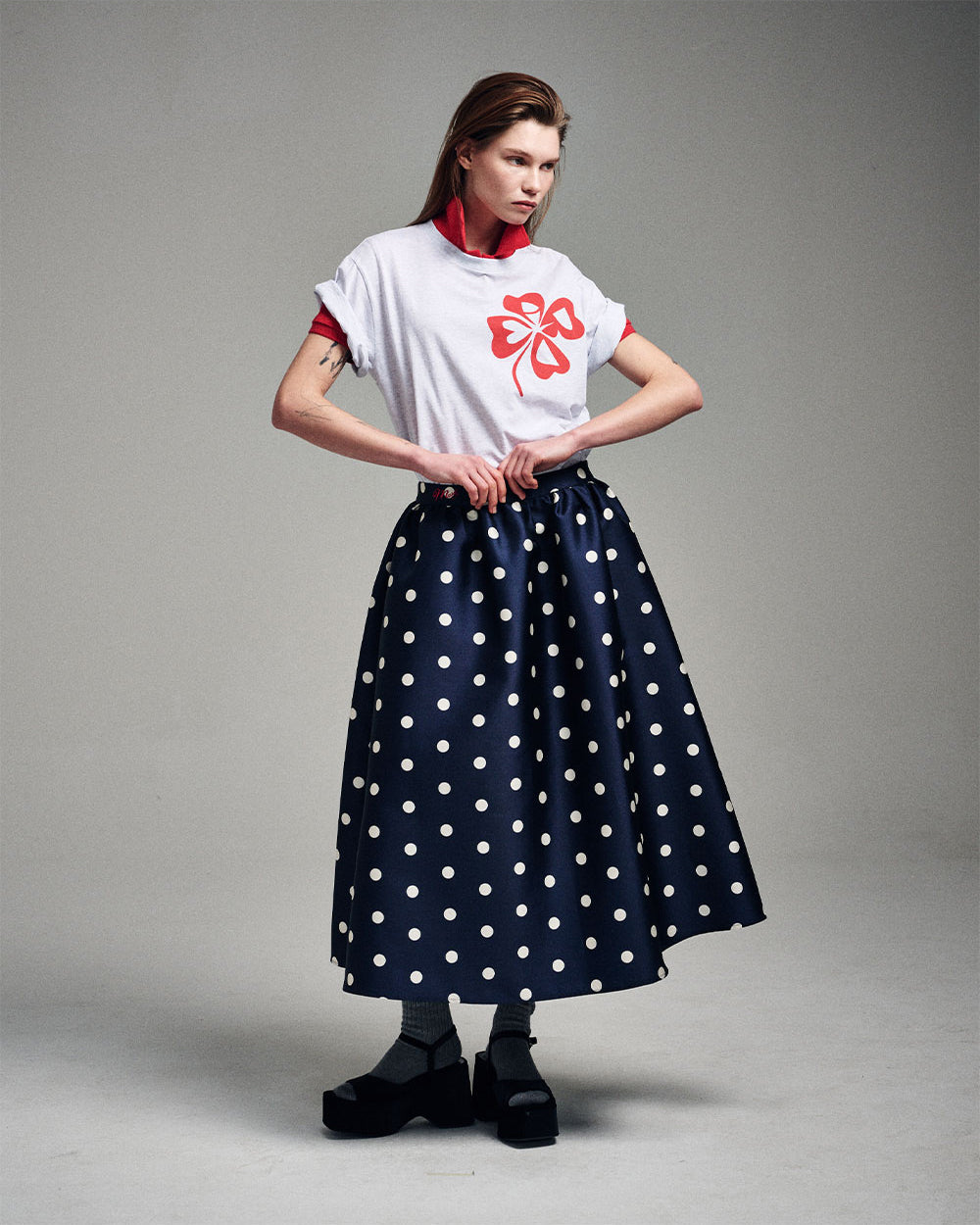 MARDI MERCREDI -  VOLUME MAXI SKIRT CRAPE DOT_NAVY RED