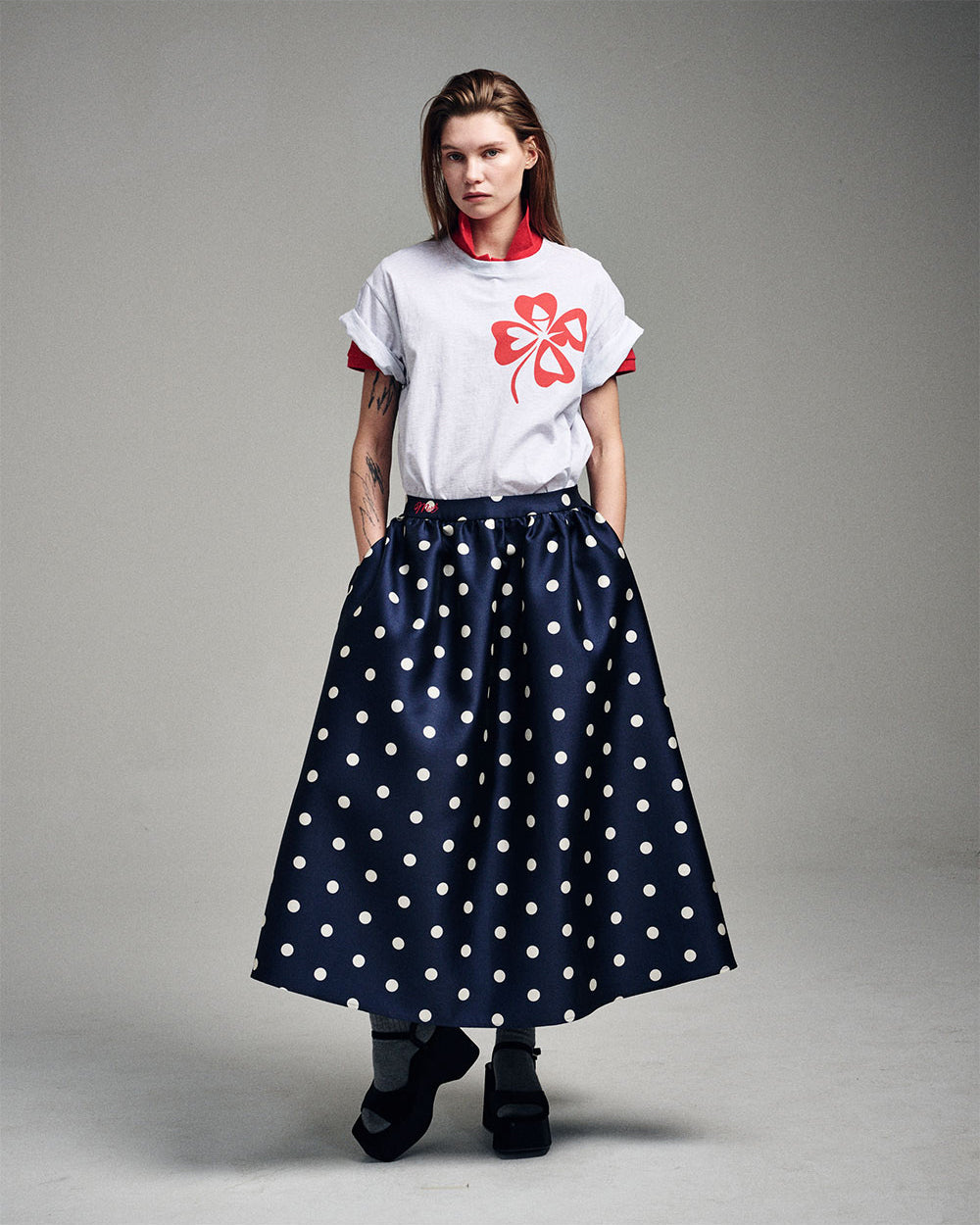 MARDI MERCREDI -  VOLUME MAXI SKIRT CRAPE DOT_NAVY RED