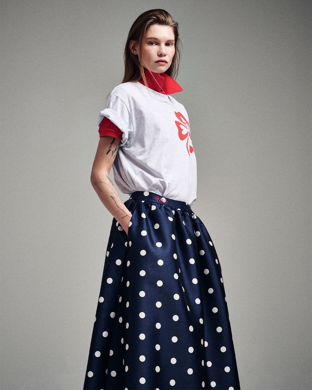 MARDI MERCREDI -  VOLUME MAXI SKIRT CRAPE DOT_NAVY RED