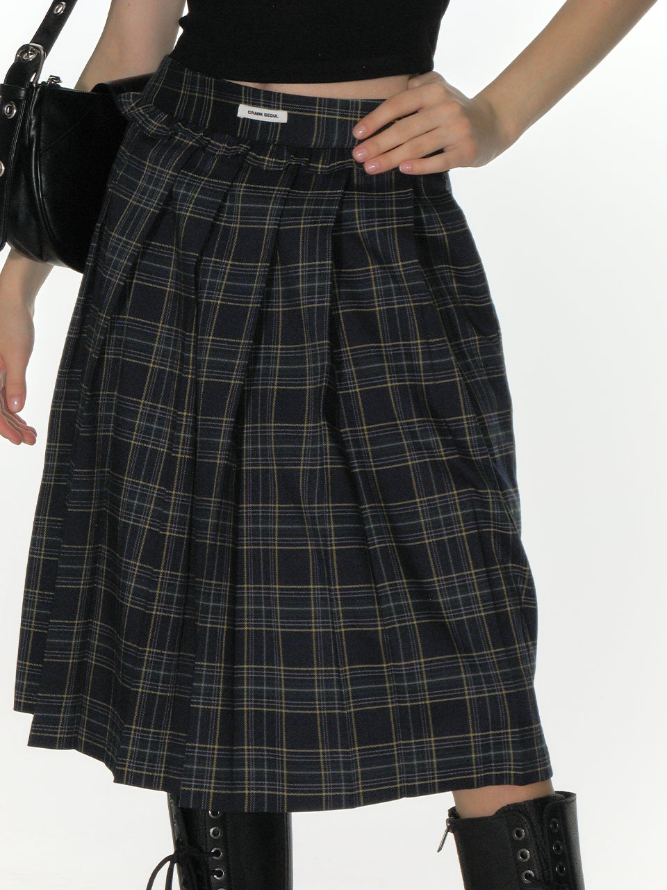 CRANK -  CHECK FRILL PLEATS MIDI SKIRT_NAVY