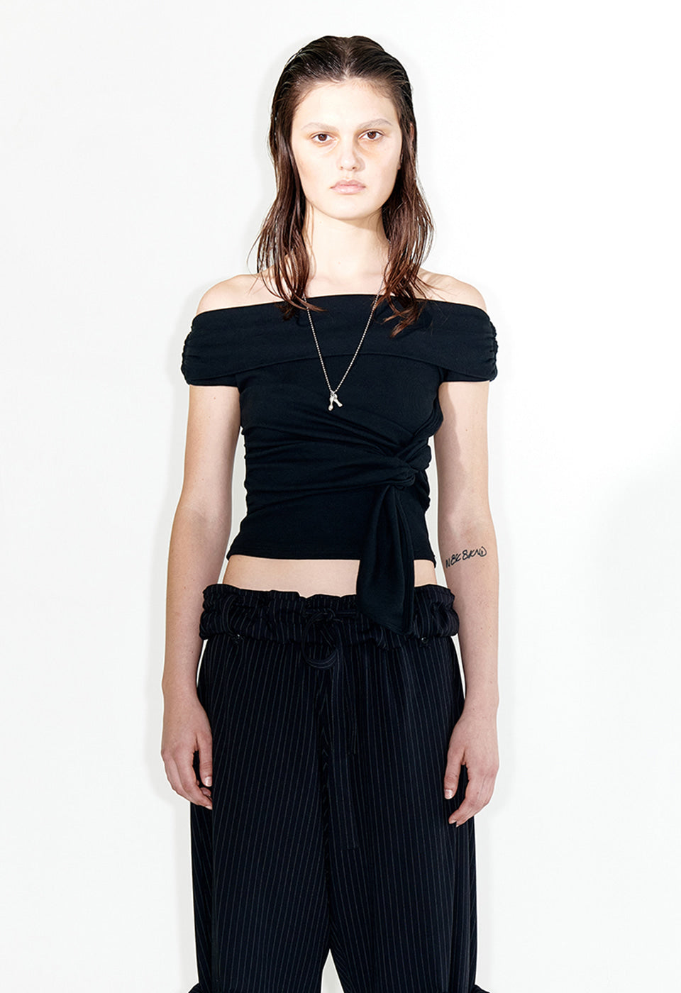 OPEN YY - KNOTTED OFF-SHOULDER TOP , BLACK