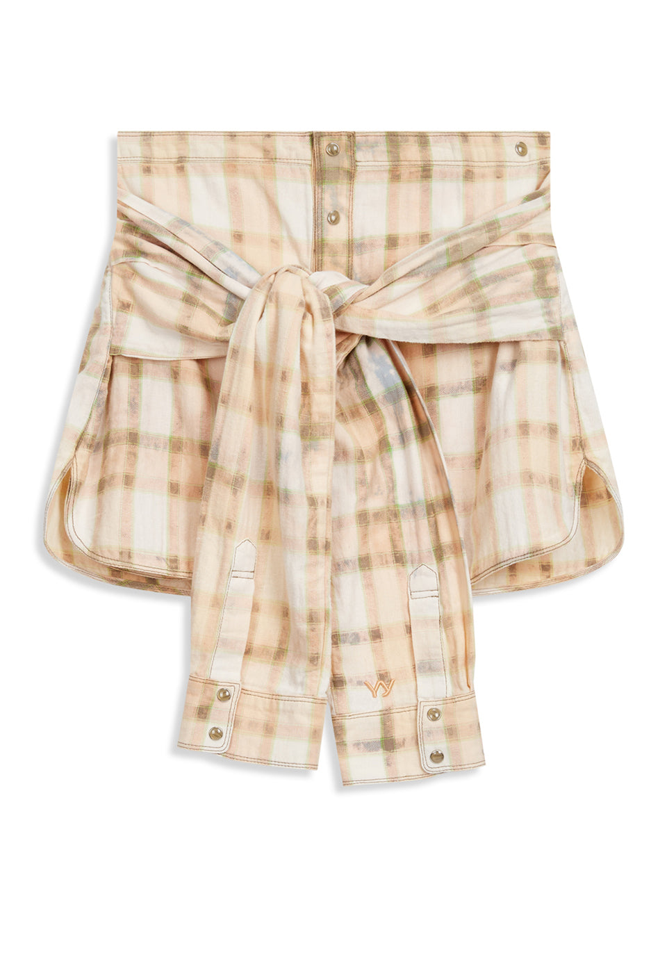 OPEN YY -  FADED CHECK SHIRT SKIRT, SALMON