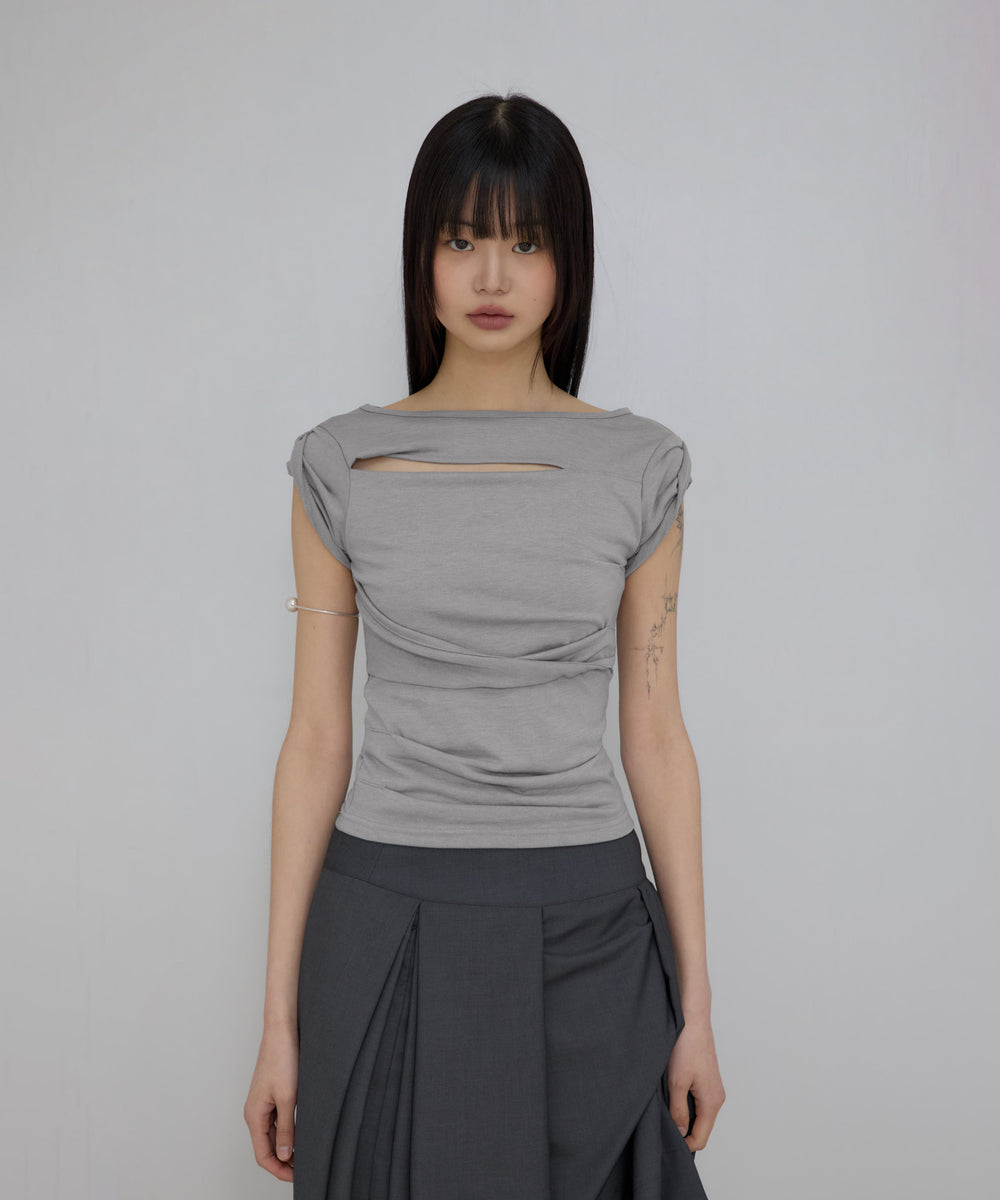 FLAREUP - Asymmetrical Draped Roll-Up T-Shirt / Gray