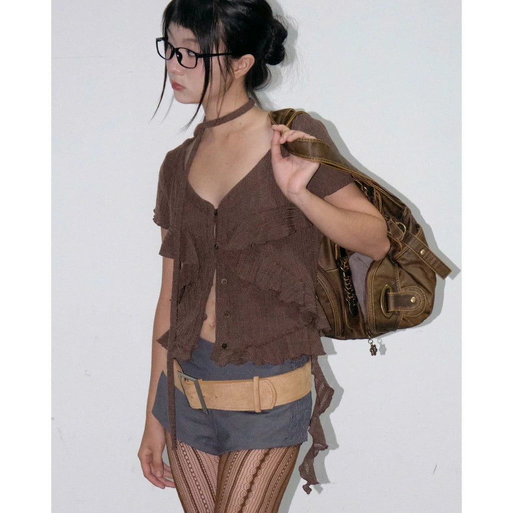 UYU.LABEL - Hikari Ruffle Top with Thin Scarf / Brown